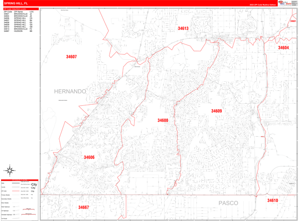 Spring Hill City Wall Map Red Line Style